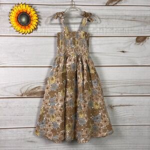 R&B Organic Girls Floral Smocked Dress Circle Tie Shoulder Size 5 Cotton